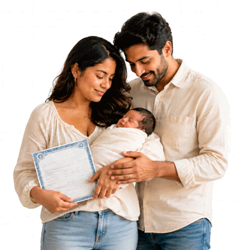 Parents holding their newborn baby and a birth certificate