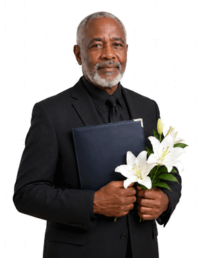 A man holding a memorial folder and a white lily