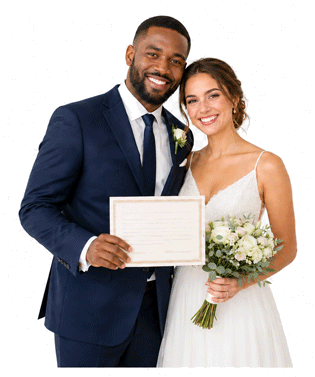 Newlywed couple holding their marriage certificate