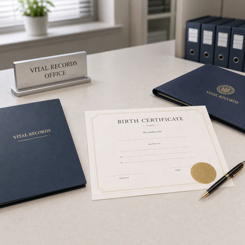 A certified birth certificate on a desk at a vital records office