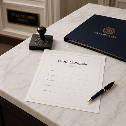 A certified death certificate and stamp on a desk at a vital records office