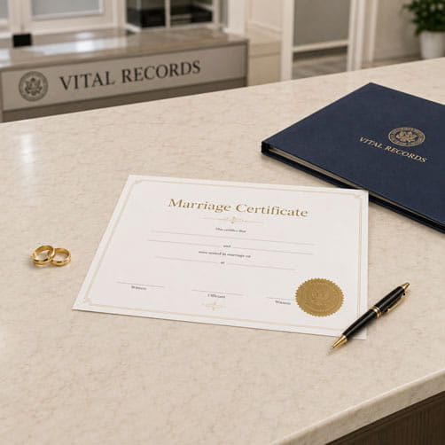 A certified marriage certificate and wedding rings on a desk at a vital records office